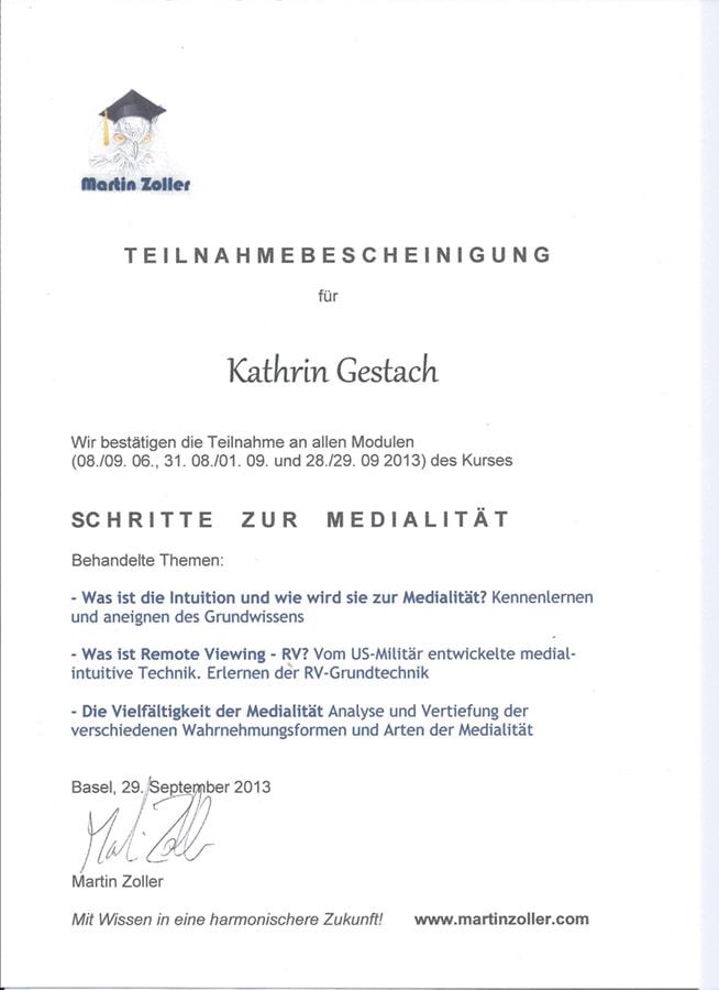 Teilnahmebestätigung Medialität Martin Zoller
