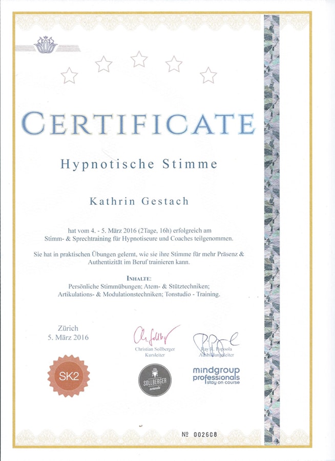 Zertifikat Hypnotische Stimme MGP